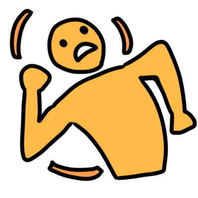 A small, yellow, cartoonish creature with a head jerk tic. It has squint deyes,  and its head is rapidly jerking forward. There are red exclamation lines above its head, and its mouth is squiggled.